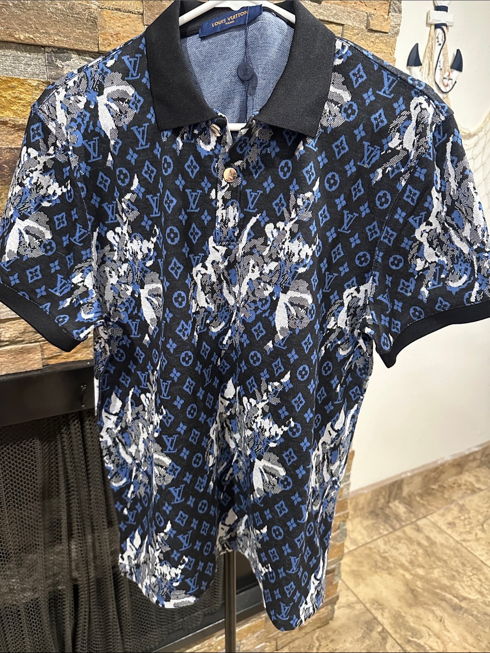 Black & Blue Monogram Floral Polo Shirt size S